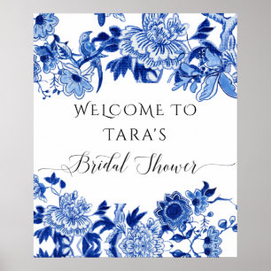 Chinoiserie Blue White Welcome Bird Foliage Bridal Poster