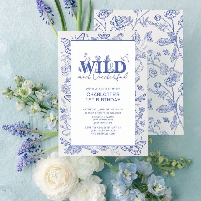 Chinoiserie Blue Wild & Onederful 1st Birthday Invitation (Easily personalize this sweet baby's first birthday invitation with your unique details.
)