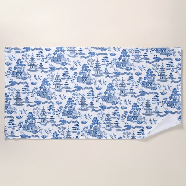 Chinoiserie Blue Willow Beach Towel (Front)