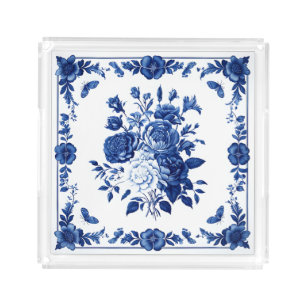 Chinoiserie Blue Willow & White Print Acrylic Tray