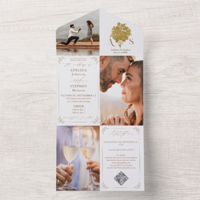 Chinoiserie Bouquet Gold 3 Photo QR Code Wedding All In One Invitation (Inside)