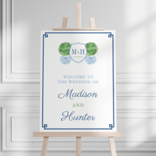 Chinoiserie Boxwood Blue Green Wedding Welcome Foam Board