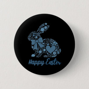 Chinoiserie Bunny Blue And White Happy Easter Blue Button