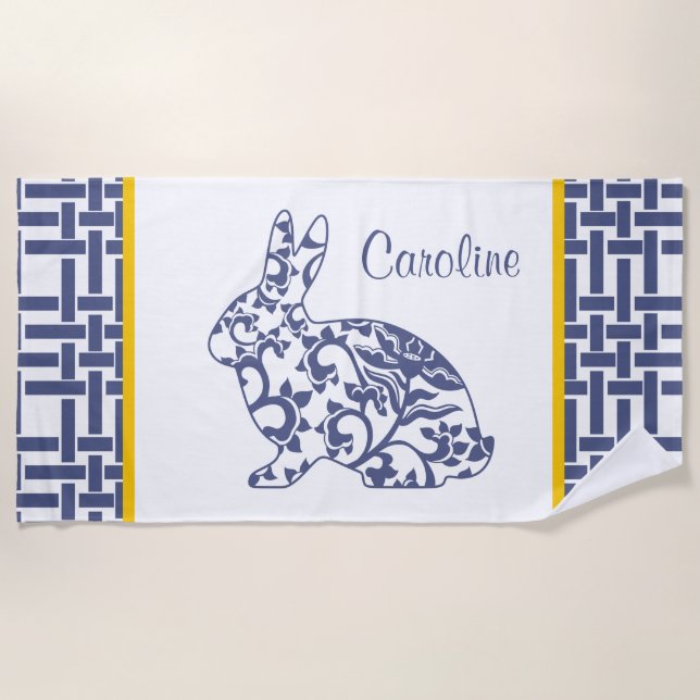 Chinoiserie Bunny Rabbit Personalized Beach Towel (Front)