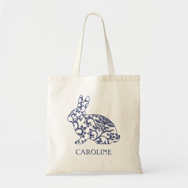 Chinoiserie Bunny Rabbit Personalized Tote Bag (Front)