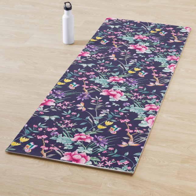 Chinoiserie butterflies, birds flowers navy blue yoga mat (In Situ)