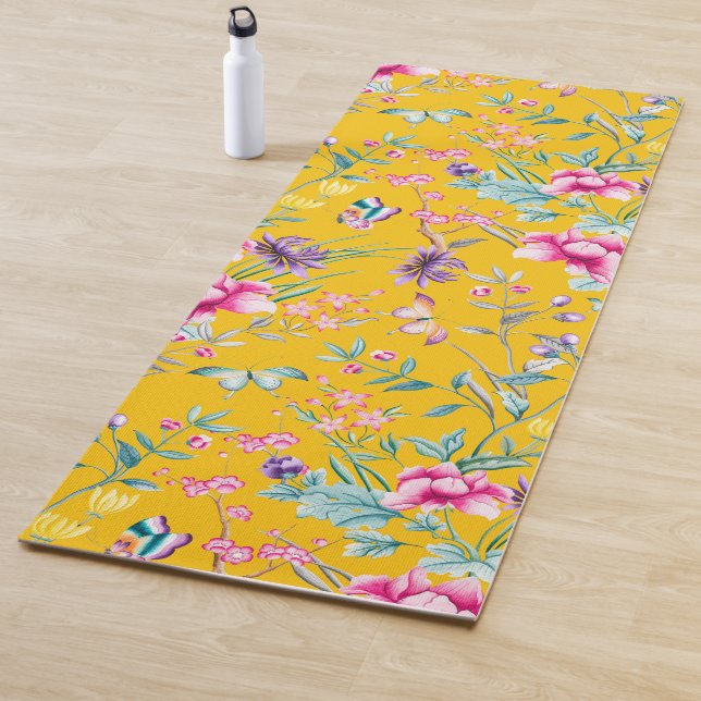 Chinoiserie butterflies, birds flowers yellow yoga mat (In Situ)