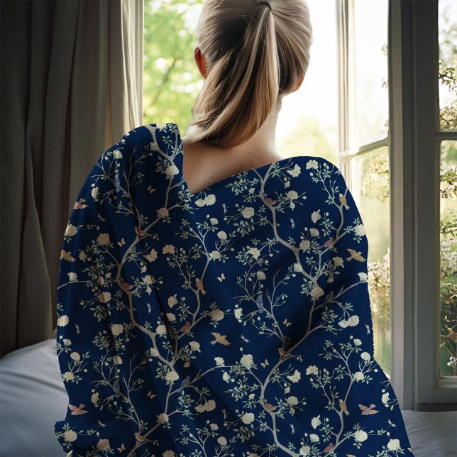 Chinoiserie Camellia Garden Monogram  Fleece Blanket (Camellia Garden Fleece Blanket)