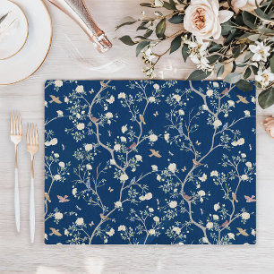 Chinoiserie Camellia Garden Navy Blue Cloth Placemat