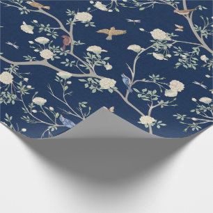 Chinoiserie Camellia Garden Navy Blue Wrapping Paper