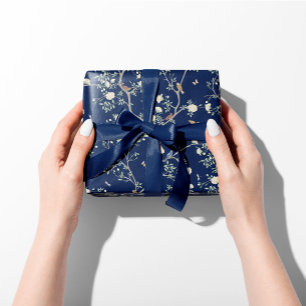 Chinoiserie Camellia Garden Navy Blue Wrapping Paper Sheets