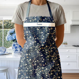 Chinoiserie Camellia Garden on Navy Blue Apron