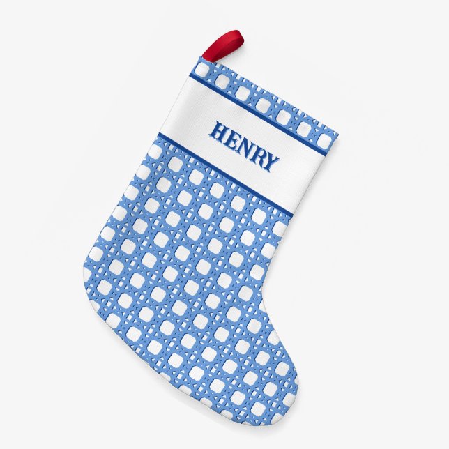 Chinoiserie Cane Trellis in Blue Personalized Small Christmas Stocking (Front (Hanging))