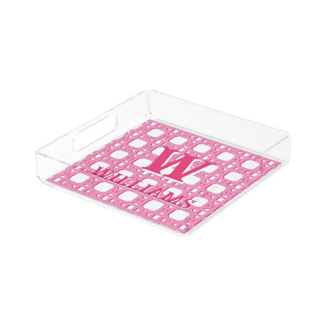 Chinoiserie Cane Trellis in Pink Personalized Acrylic Tray (Angled)