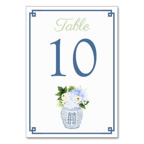 Chinoiserie Chartreuse Green Navy Blue Wedding Table Number - Timeless hydrangea / roses floral arrangement in neutral colors in a blue and white ginger jar vase. With regards to the Greek Key border, you can change the color of this by changing the background color of each side (enter the design tool by clicking / tapping to personalize further). ****Please be aware that you will need to change the number on each card and add separately to your cart***