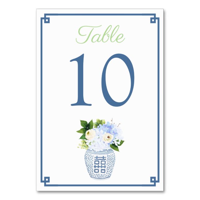 Chinoiserie Chartreuse Green Navy Blue Wedding Table Number (Front)