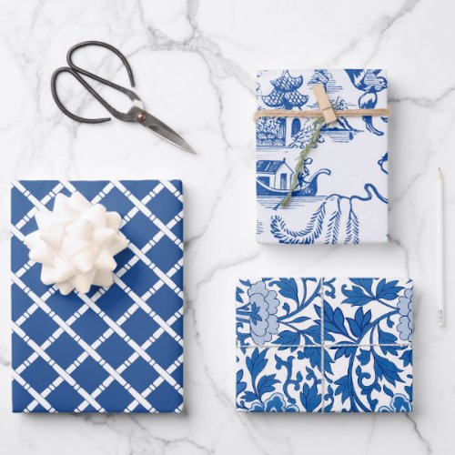 Chinoiserie Chic Bamboo  Blue and White Wrapping Paper Sheets