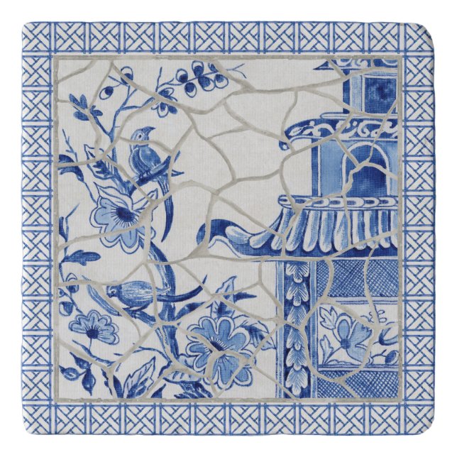 Chinoiserie Chic Bird Floral Mosaic Blue and White Trivet (Front)