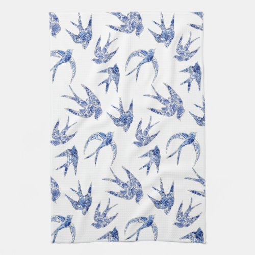 Chinoiserie Chic Bird Swallows Blue n White Mosaic Kitchen Towel