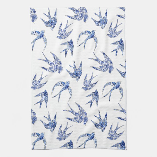 Chinoiserie Chic Bird Swallows Blue n White Mosaic Kitchen Towel (Vertical)