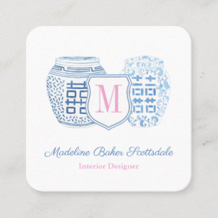 Chinoiserie Chic Blue And Pink Mommy Calling Square Business Card
