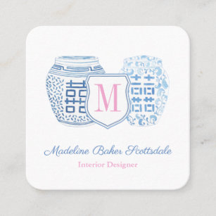 Chinoiserie Chic Blue And Pink Mommy Calling Square Business Card