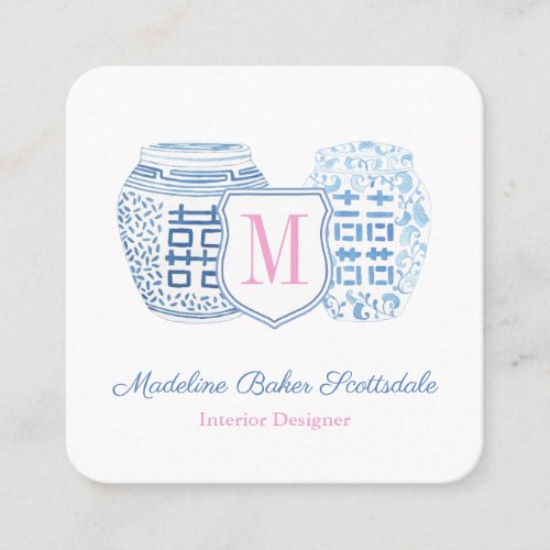 Chinoiserie Chic Blue And Pink Mommy Calling Square Business Card - Feminine monogram business card design featuring a blue and white watercolor ginger jars. In front of this is a crest shape with space for a single letter monogram (can either be first initial or surname initial). The watercolor elements were originally handpainted by me in watercolors onto 100% cotton paper before being scanned and arranged / styled digitally (the crest shape is by another artist). You can change all text colors and fonts (click to customize further underneath the text customisation area - this will take you into the design tool).