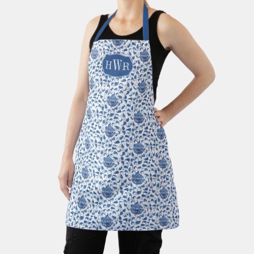 Chinoiserie Chic Blue And White Floral Monogram Apron