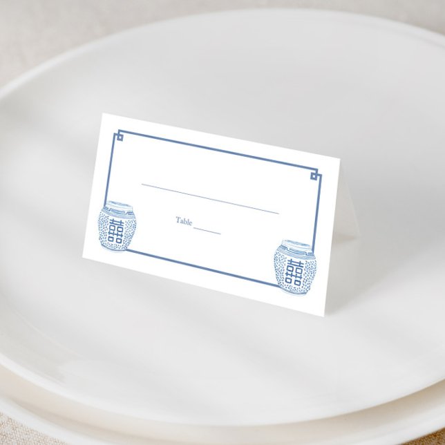 Chinoiserie Chic Blue And White Ginger Jar Wedding Place Card (Simple blue and white Ginger jars with blue greek key border wedding shower place cards)
