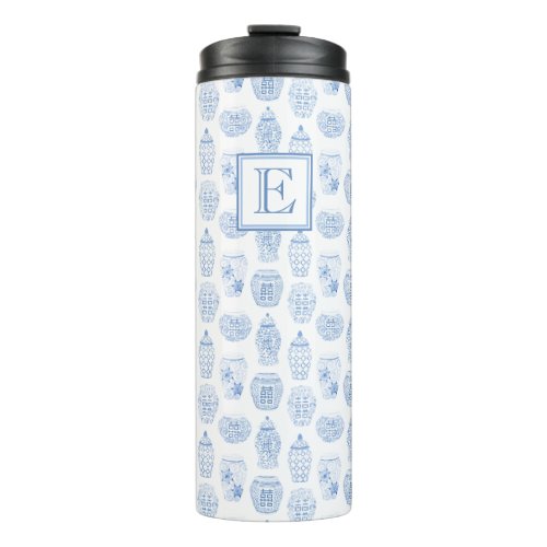 Chinoiserie Chic Blue And White Monogram Thermal Tumbler - Elegant Blue And White Ginger Jar Repeating Pattern decorates this very practical travel cup. The background pattern is made from original watercolors of ginger jars (handpainted by me), that were scanned into digital form and turned into a repeating pattern.