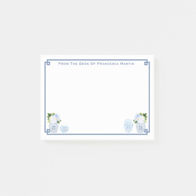 Chinoiserie Chic Blue And White Personalized Post-it Notes (Front)