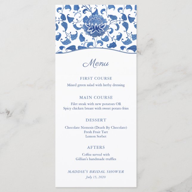 Chinoiserie Chic Blue And White Wedding Shower Menu (Front)