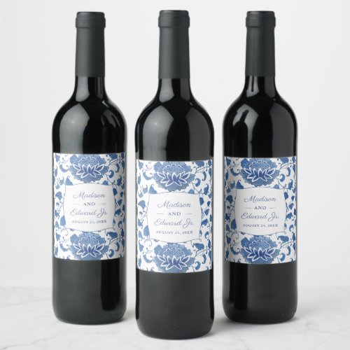 Chinoiserie Chic Blue And White Wedding Shower Wine Label