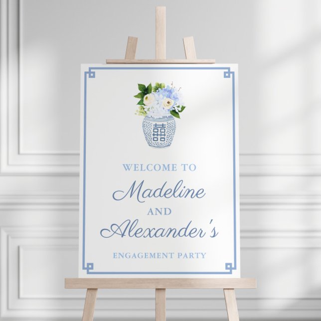 Chinoiserie Chic Blue And White Wedding Welcome Foam Board (Watercolor ginger jar blue and white engagement party welcome sign mockup)