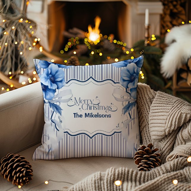Chinoiserie Chic Blue Christmas Throw Pillow (Creator Uploaded)