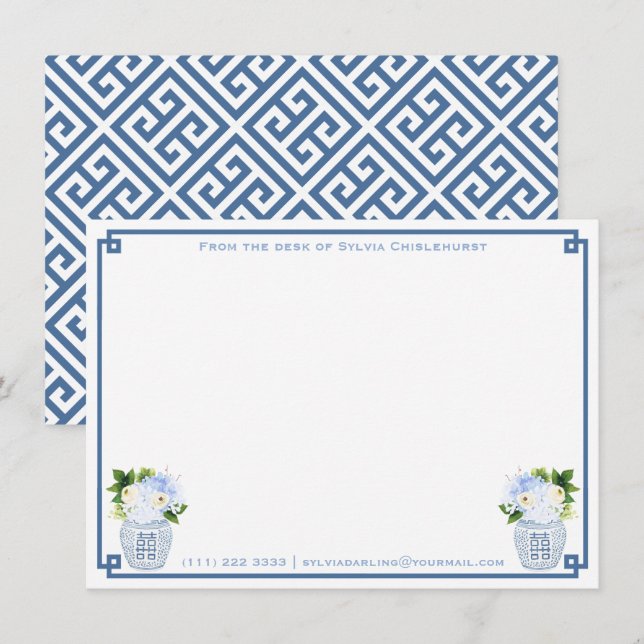 Chinoiserie Chic Blue Green Personalized Greek Key Thank You Card (Front/Back)