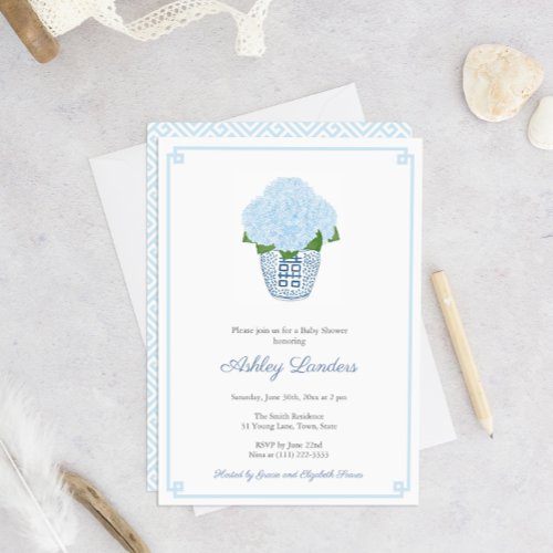 Chinoiserie Chic Blue Hydrangeas Boy Baby Shower Invitation