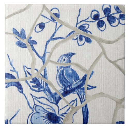 Chinoiserie Chic Blue White Chinese Bird Floral Ceramic Tile