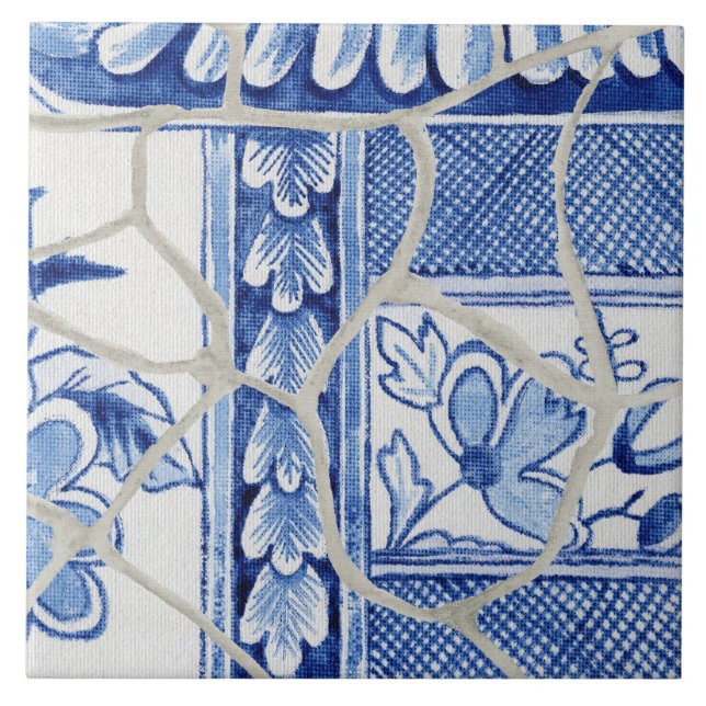 Chinoiserie Chic Blue White Chinese Floral Pagoda Ceramic Tile (Front)