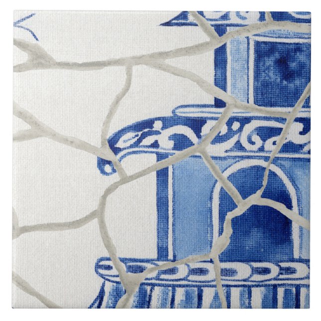 Chinoiserie Chic Blue White Chinese Pagoda Ceramic Tile (Front)