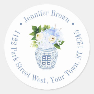 Chinoiserie Chic Blue White Floral Return Address Classic Round Sticker