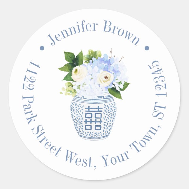 Chinoiserie Chic Blue White Floral Return Address Classic Round Sticker (Front)