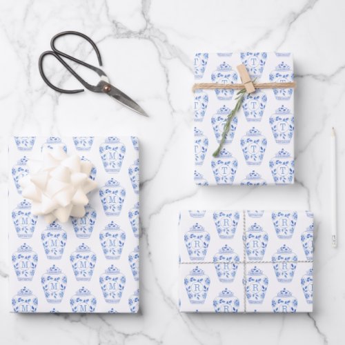 Chinoiserie Chic Blue  White Ginger Jar Monogram Wrapping Paper Sheets