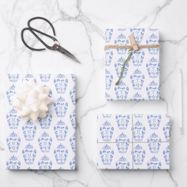Chinoiserie Chic Blue & White Ginger Jar Monogram Wrapping Paper Sheets (Front)