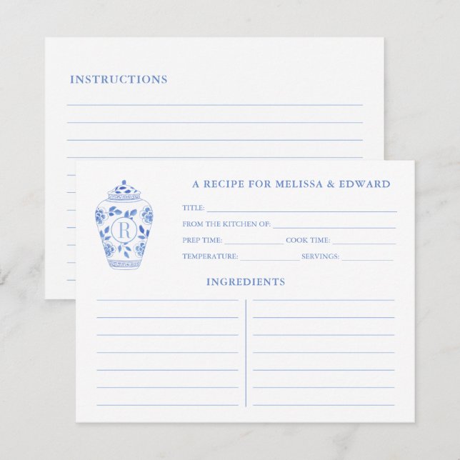 Chinoiserie Chic Blue White Monogram Recipe Card (Front/Back)
