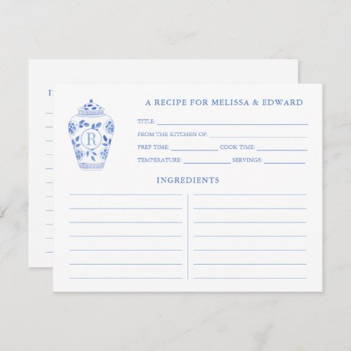 Chinoiserie Chic Blue White Monogram Recipe Card