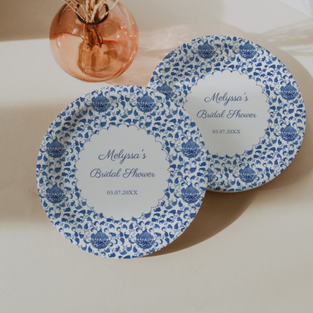 Chinoiserie Chic Blue & White Print Bridal Shower Paper Plates (Blue and white china inspired bridal shower paper plates with scalloped border)