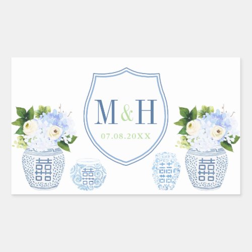 Chinoiserie Chic Blue  White Wedding Crest Favor Rectangular Sticker