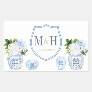 Chinoiserie Chic Blue & White Wedding Crest Favor Rectangular Sticker