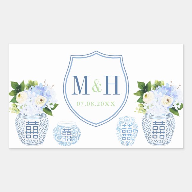 Chinoiserie Chic Blue & White Wedding Crest Favor Rectangular Sticker (Front)